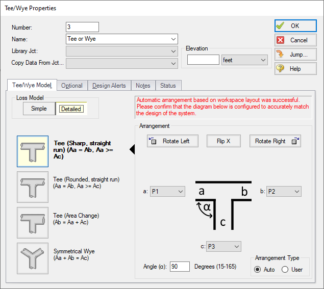 The Tee/Wye Properties window is shown with the Detailed Loss Model selected and a Sharp, sraight run Tee selected.